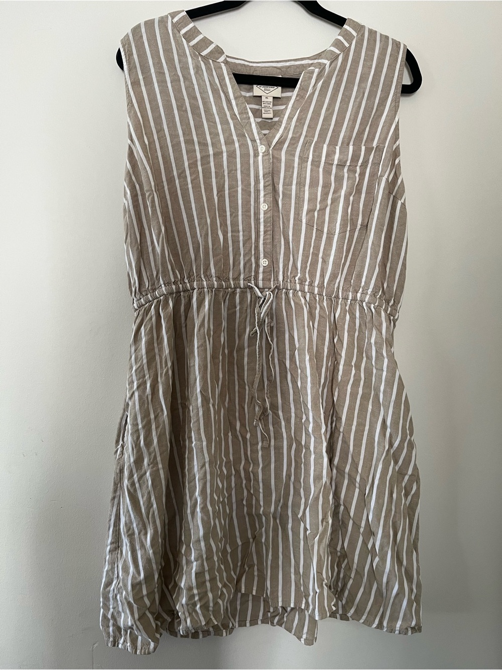 Brown White Striped Linen Blend Sleeveless Mini Dress XL Coastal Euro Summer